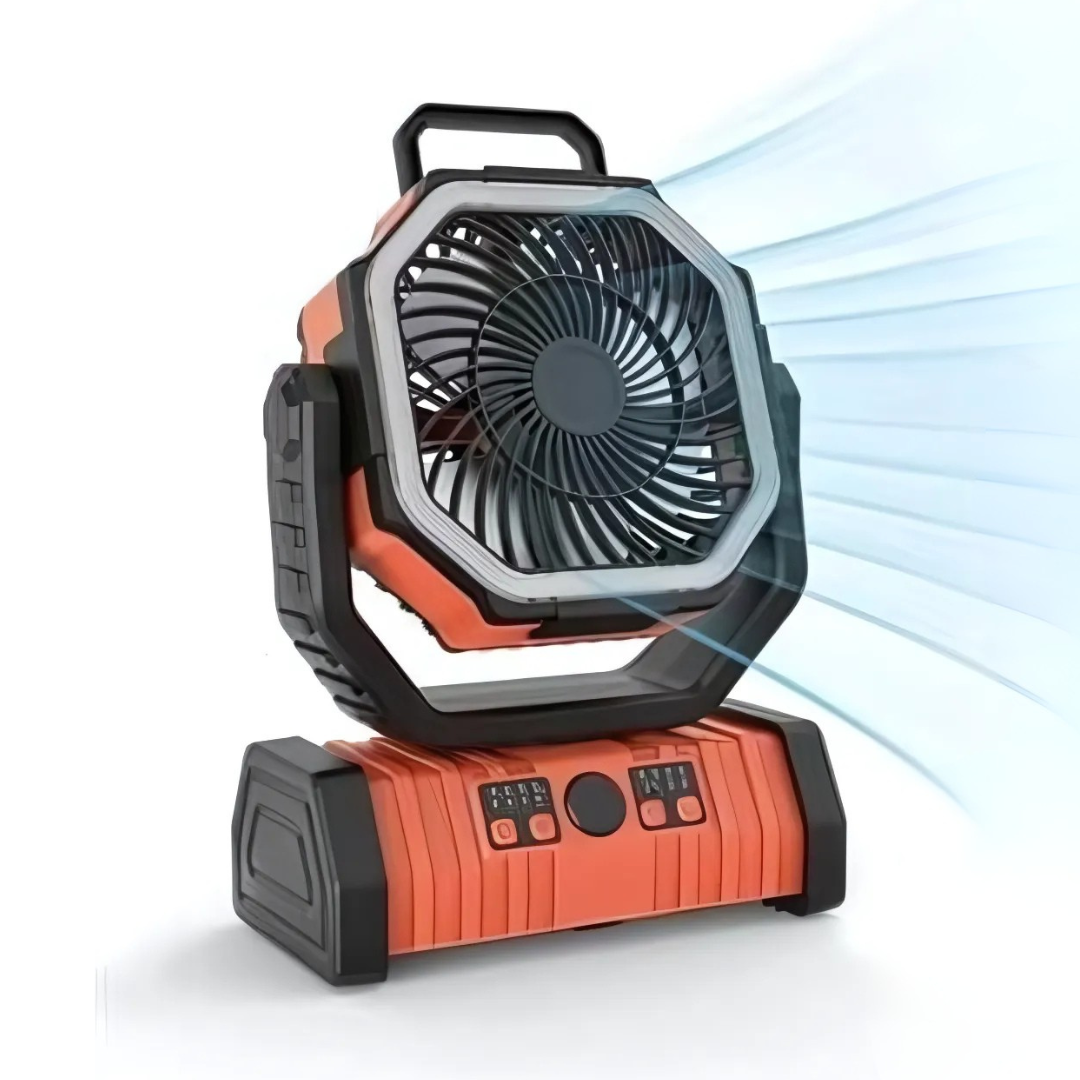 PowerBreeze Campingventilator mit LED & Powerbank – 20000mAh, drehbar & wiederaufladbar | Brehn