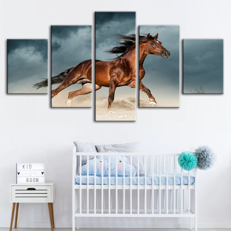 5 Stück Braunes Pferd in der Wüste - Leinwand Wandkunst Gemälde