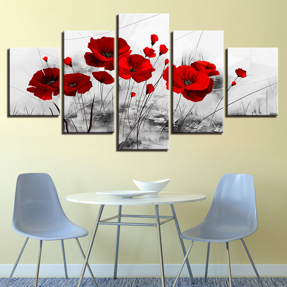 Fette rote Mohnblumen 5 Stück - Canvas Wandkunst Gemälde