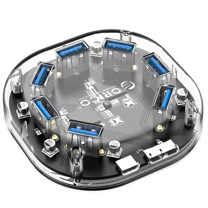 Brehn | 7-in-1 Transparenter USB3.0 Hub mit Stromversorgungsanschluss, für Büro, Studium, Spiele und mehr