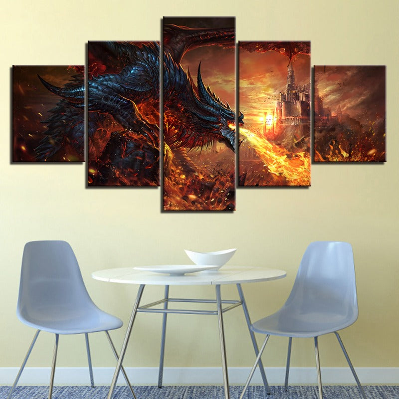 Dragon und Schloss - 5 Teile Leinwand Wandkunst Malerei