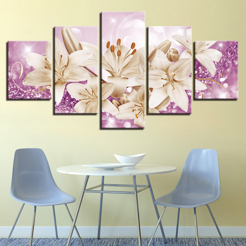 5 Stück Lila Hintergrund Rustikale Blume - Leinwand Wandkunst Gemälde