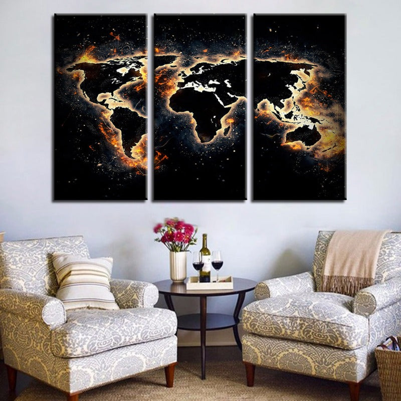 Feuer und schwarze Weltkarte - Leinwand Wandkunst Gemälde 3 Teile