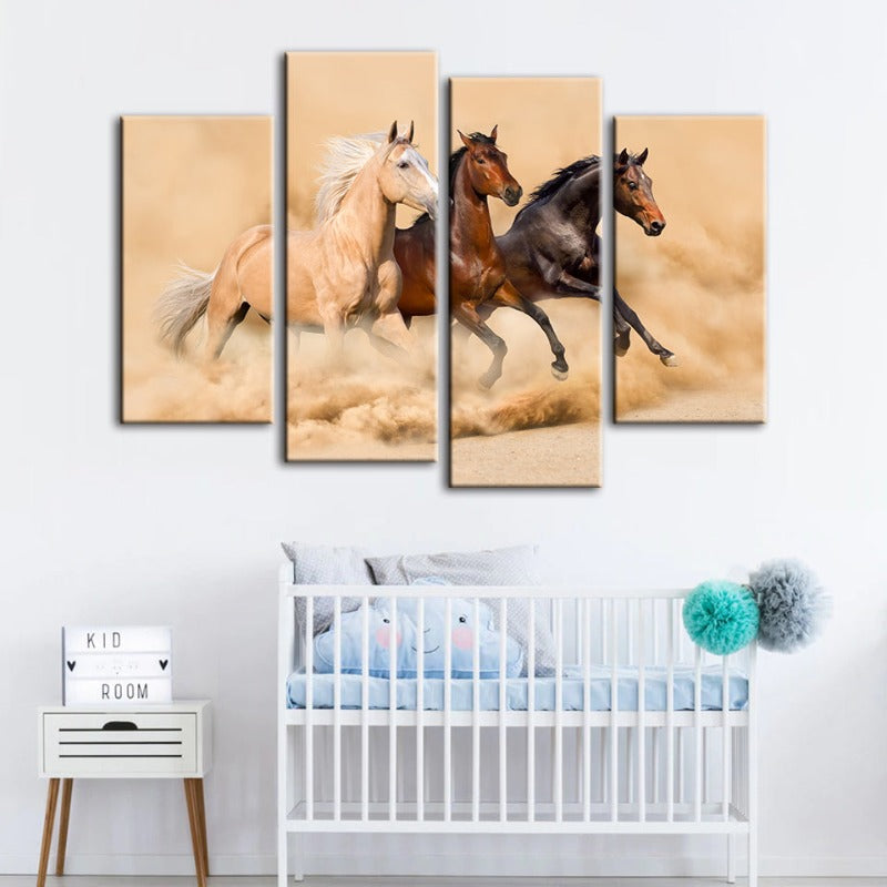 4 Stück Drei laufende Pferde in der Wüste - Leinwand Wandkunst Gemälde