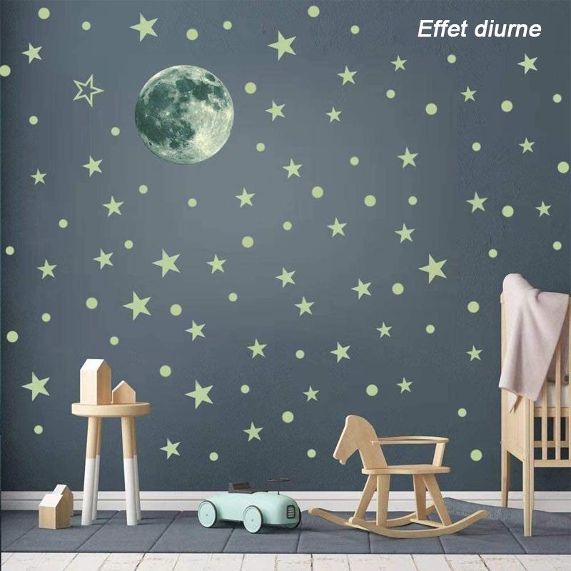 Kreativer fluoreszierender Wandaufkleber - Mond / Sterne / runde Punkte | Brehn