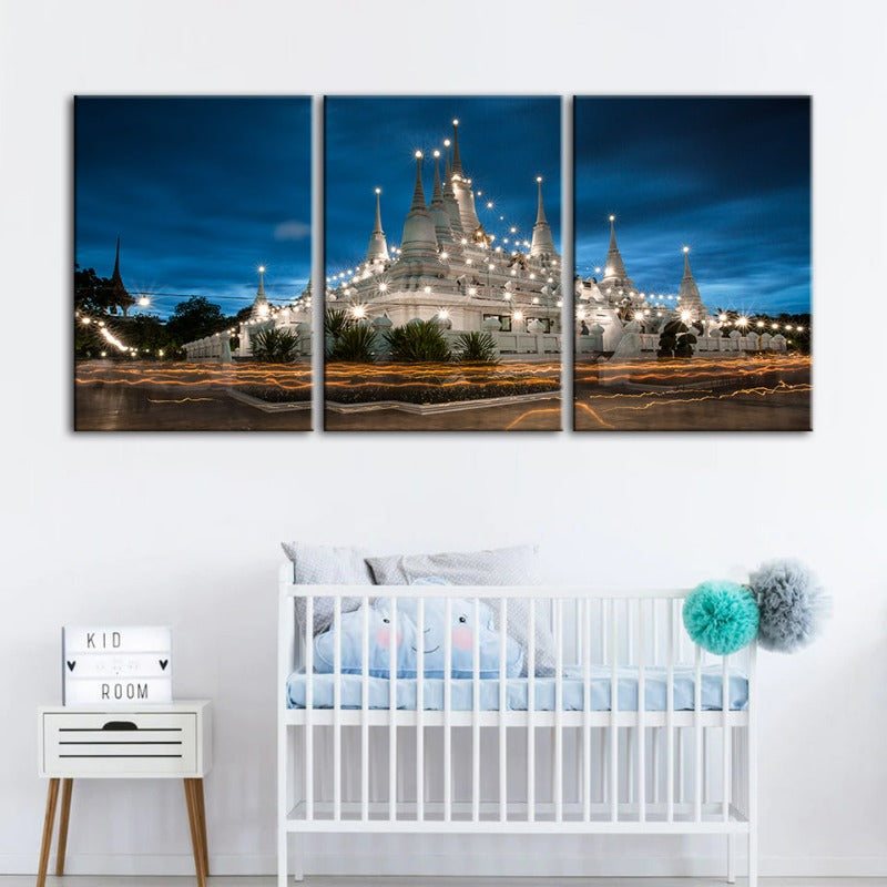 schöne Tempel Nachtzeit-Canvas Wandkunst Gemälde 3 Stücke