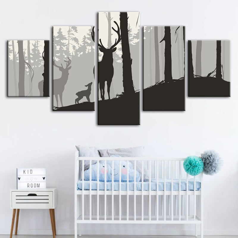 5-teiliges Silhouette Reh Familie - Leinwand Wandkunst Malerei
