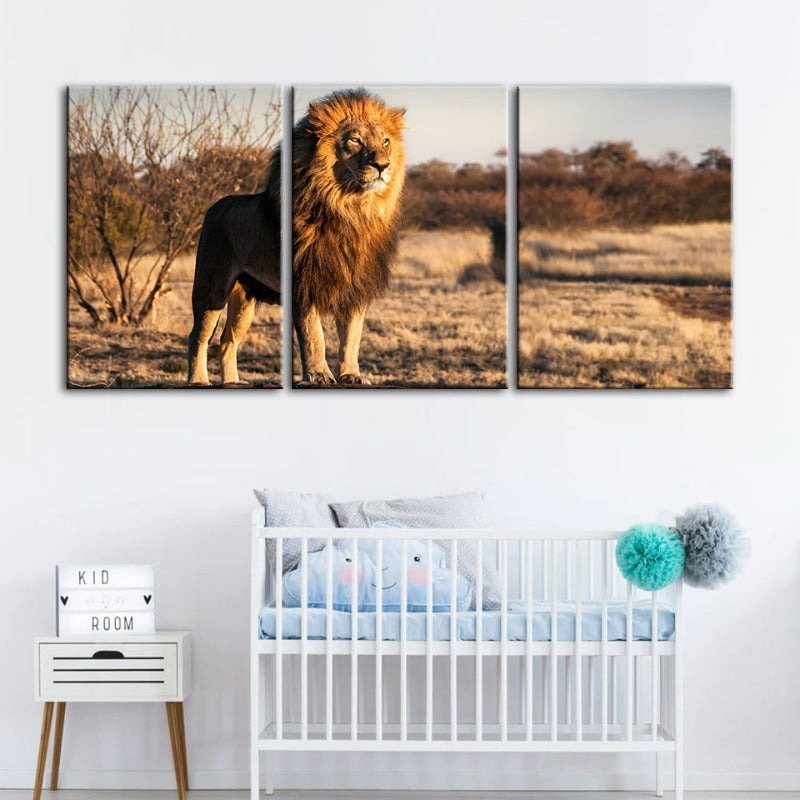 Majestischer Löwe in Sonnenlicht gehüllt - Leinwand Wandkunst Gemälde 3 Teile