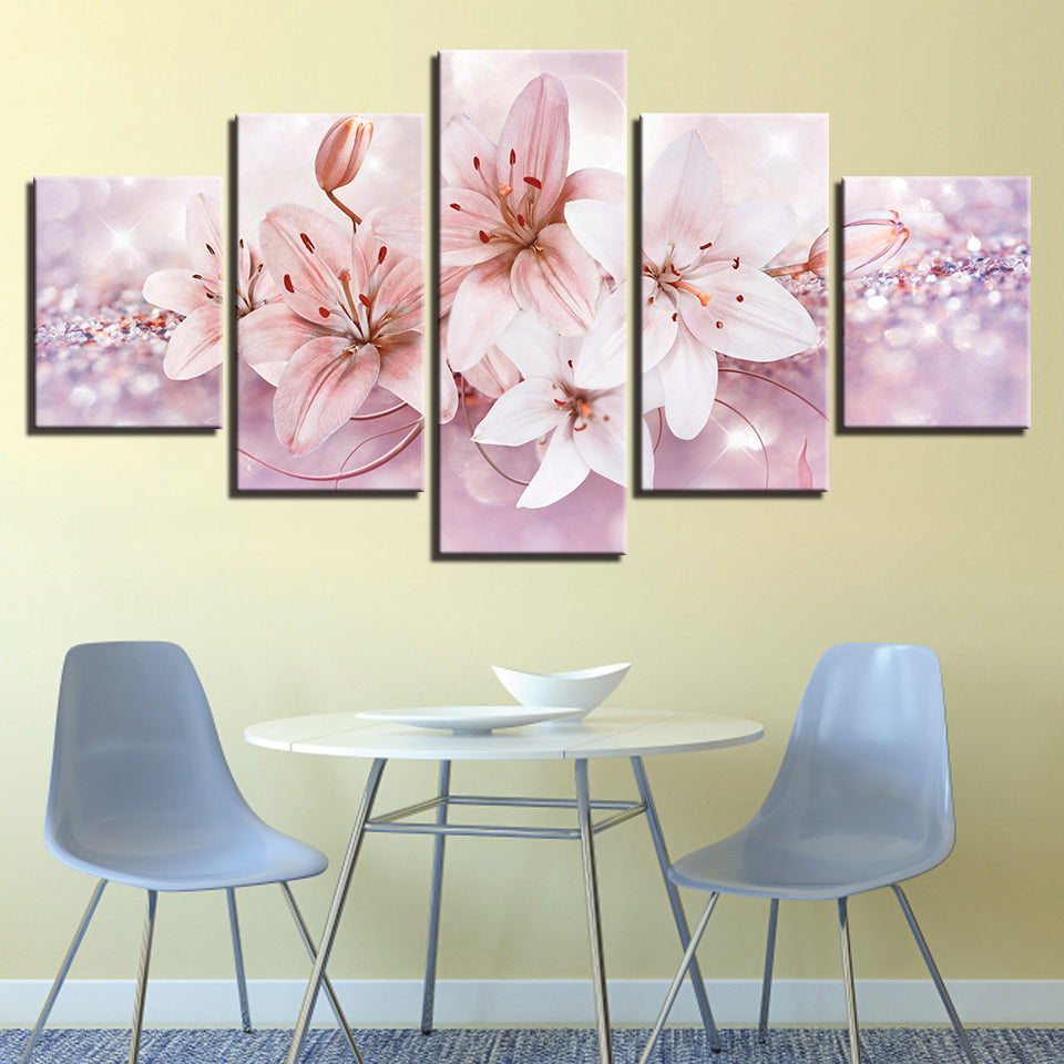 Glitzernde Sanfte Rosa Blumen 5 Stück - Leinwand Wandkunst Malerei