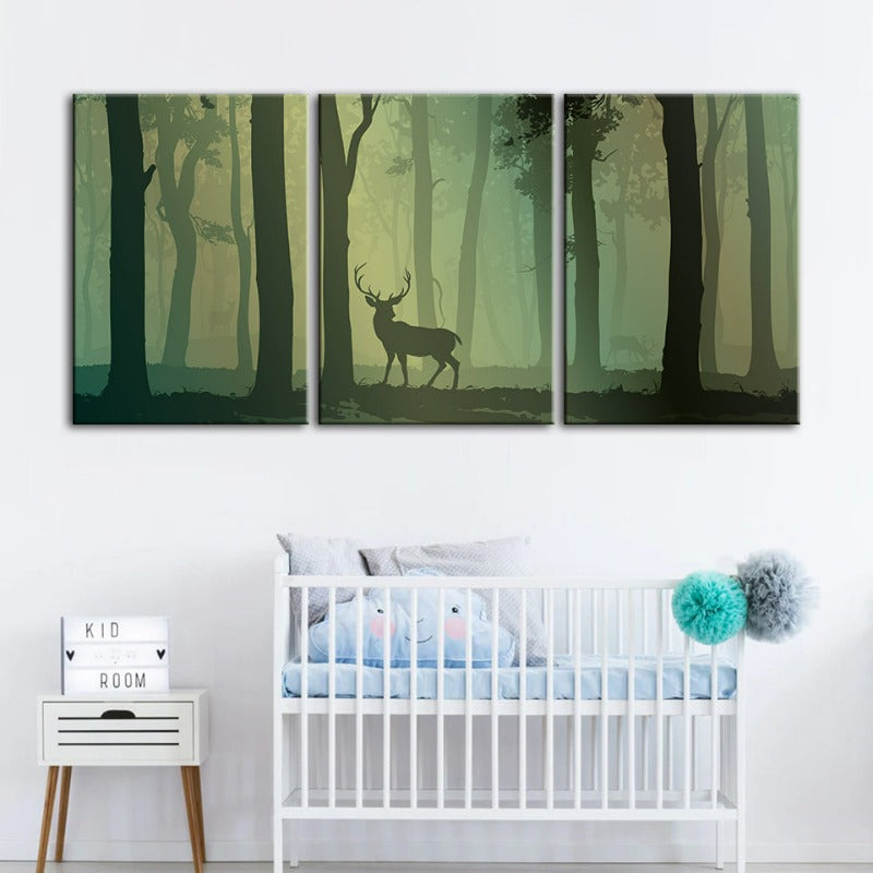 Verzauberte grüne Ton Silhouetten Reh-Leinwand Wandkunst Gemälde 3 Stücke