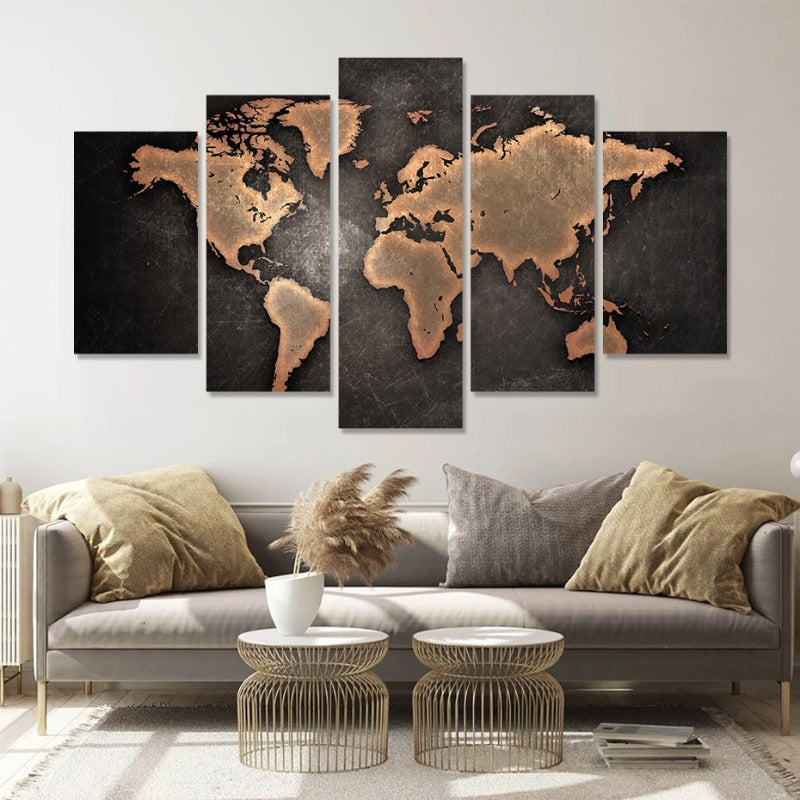 5-teilige braune Weltkarte - Leinwand Wandkunst Gemälde