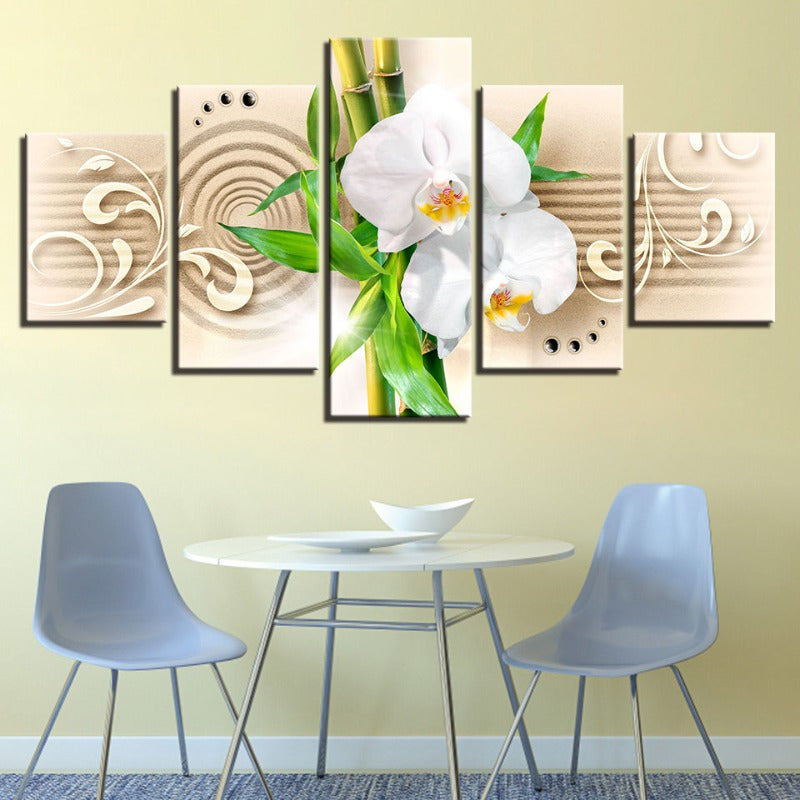 5-teiliges Bambus-Stick Weiß Blumen - Leinwand Wandkunst Malerei