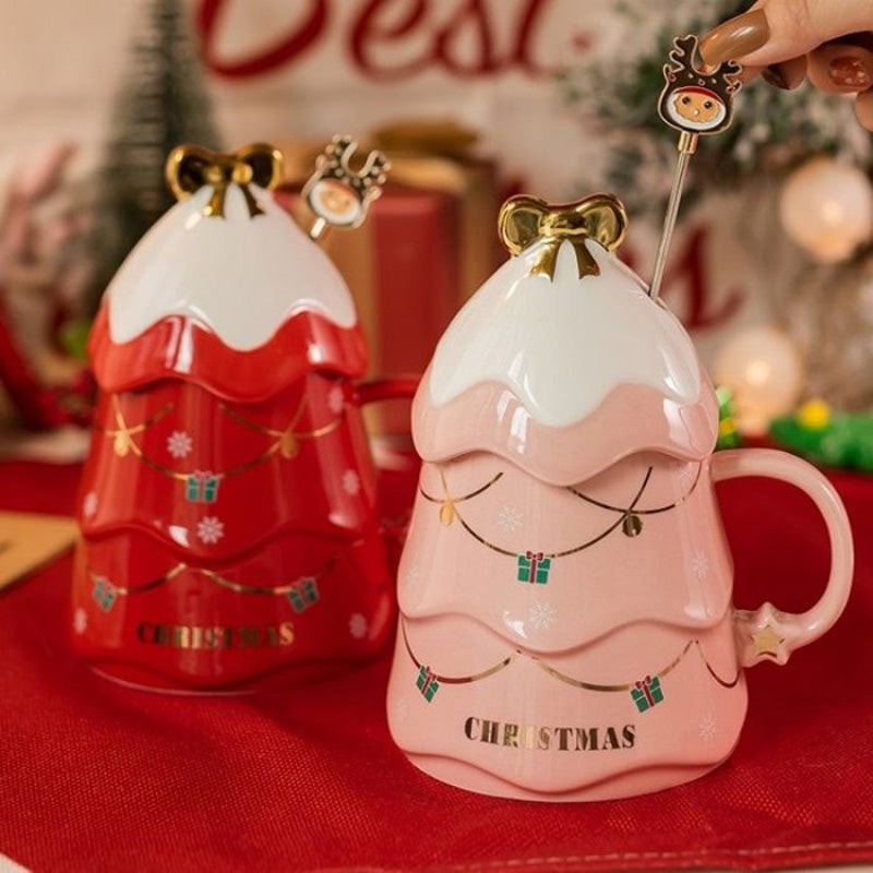 Brehn | Weihnachtsbecher Geschenk mit Deckel und Rührer Große Kapazität Keramikkaffeetasse