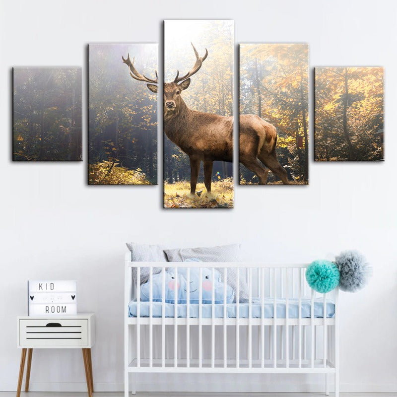 5-teiliges majestätisches Reh im Wald - Leinwand Wandkunst Gemälde