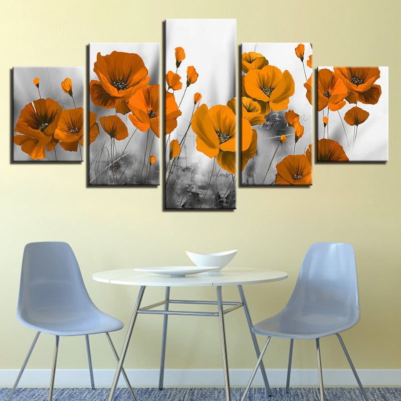 5 Stück Orange Blumen - Leinwand Wandkunst Malerei
