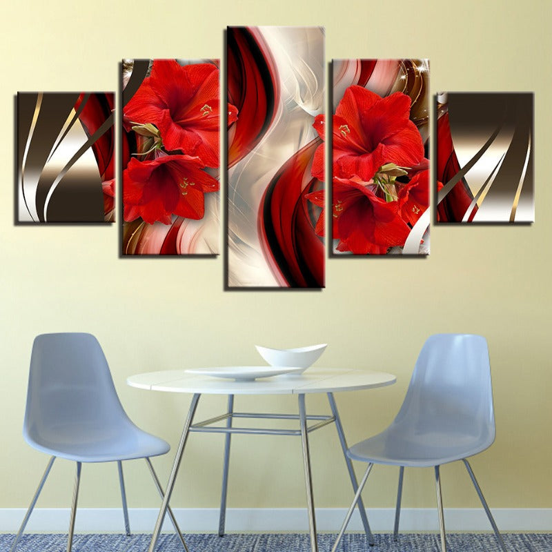 5 Stück Schwarzer Hintergrund Rote Hibiskusblume - Leinwand Wandkunst Gemälde
