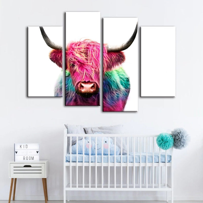 4-teiliges Farbige Pinke Kuh - Leinwand Wandkunst Gemälde