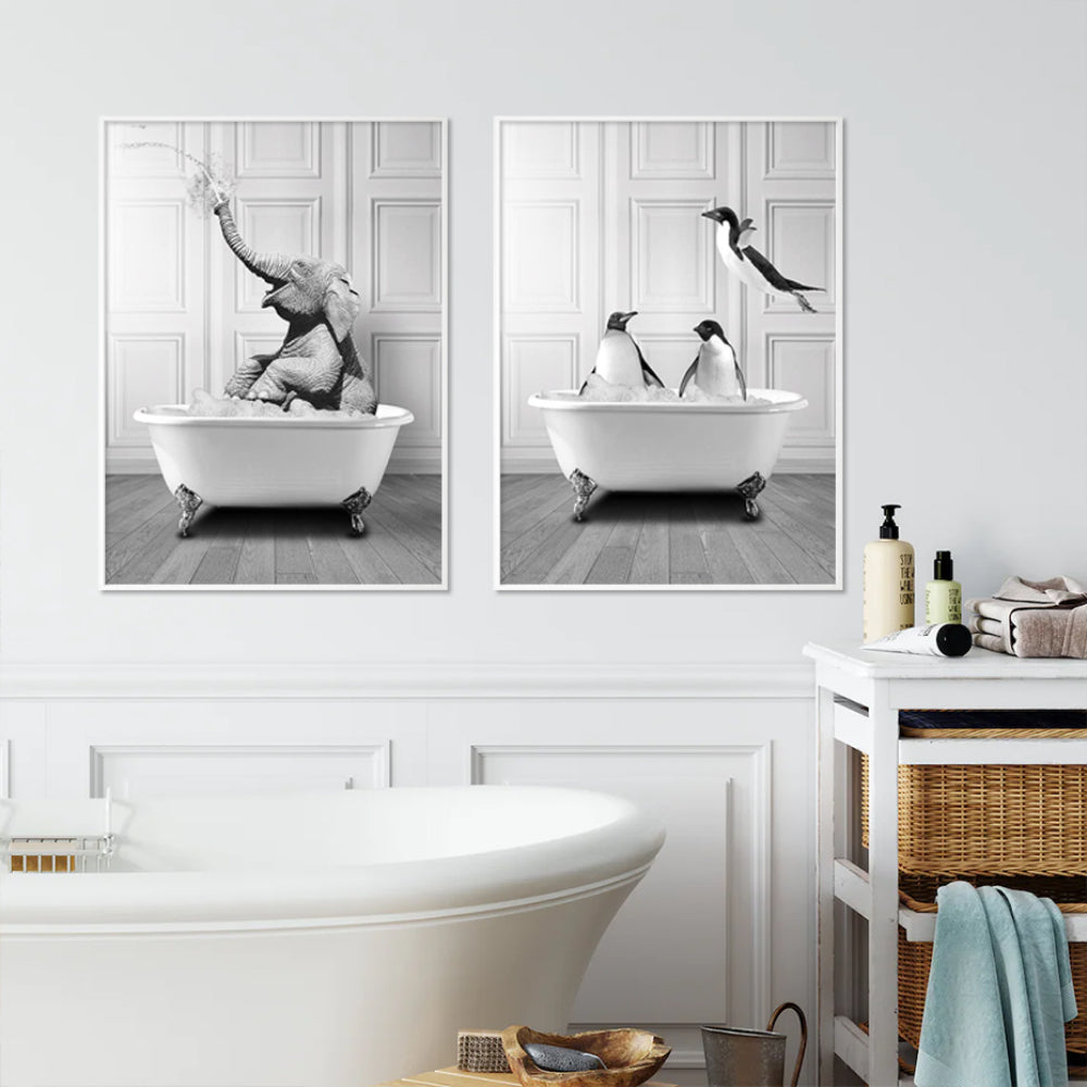 Modernes Elefanten-, Giraffen- und Pinguin-Poster in Schwarz-Weiß auf Leinwand