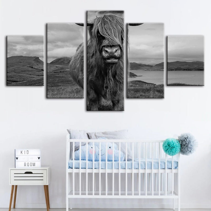 5-teiliges schwarz-weißes Kuh - Leinwand Wandkunst Gemälde
