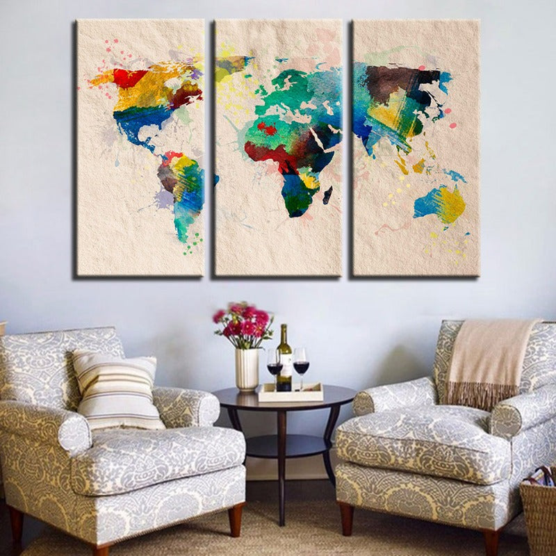 Schöne abstrakte Regenbogenfarbene Weltkarte - Leinwand Wandkunst Gemälde 3 Teile