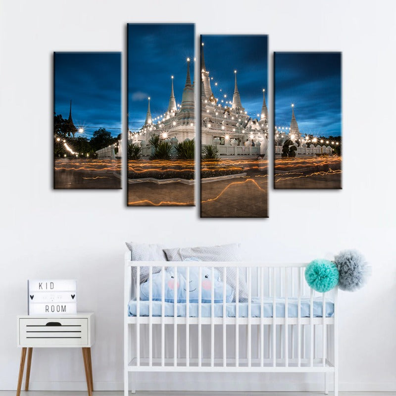 4 Stück Schönes Tempel Nacht Zeit - Leinwand Wandkunst Gemälde | Brehn