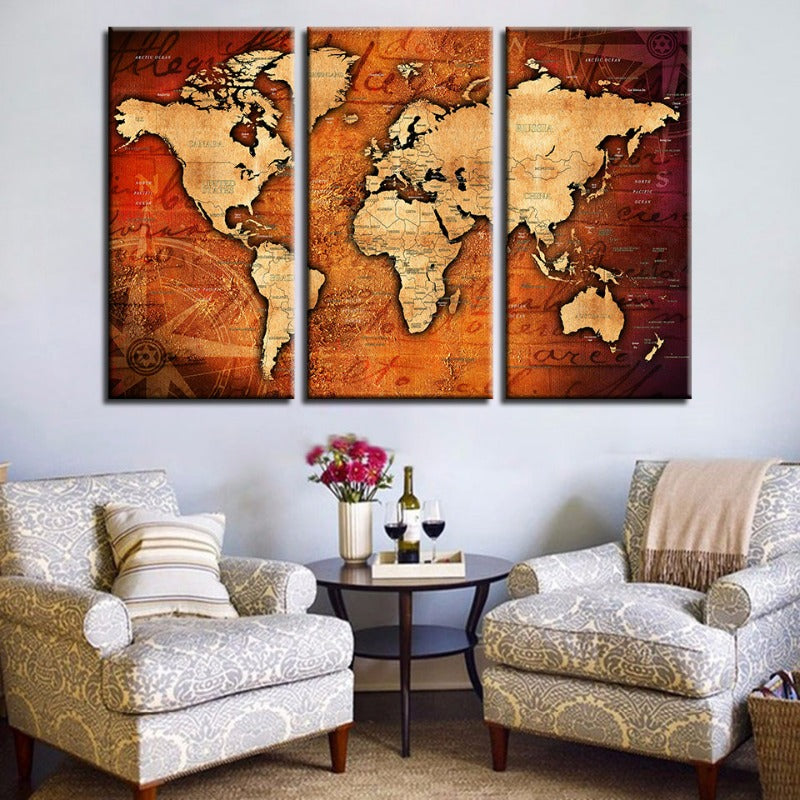 Braun & Rot Rustikale Weltkarte - Leinwand Wandkunst Gemälde 3 Teile