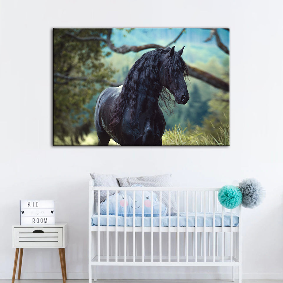 Schwarzes Pferd im Wald - Leinwand Wandkunst Gemälde