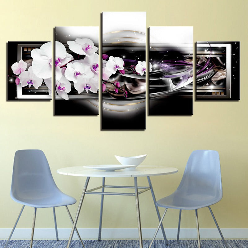 5 Stück Schwarz Hintergrund Lila Farbton Weiße Blume - Leinwand Wandkunst Malerei