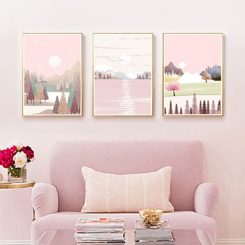 Traumhafte rosa Landschaft - Leinwand Wandkunst Gemälde