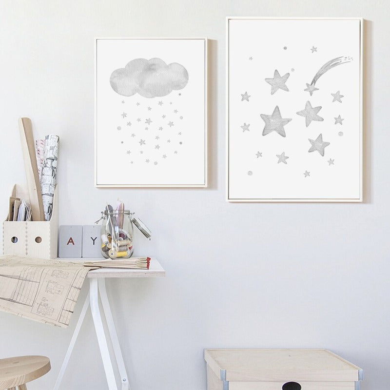 Graue Mond Sterne Wolke Kinderzimmer - Leinwand Wandkunst Malerei