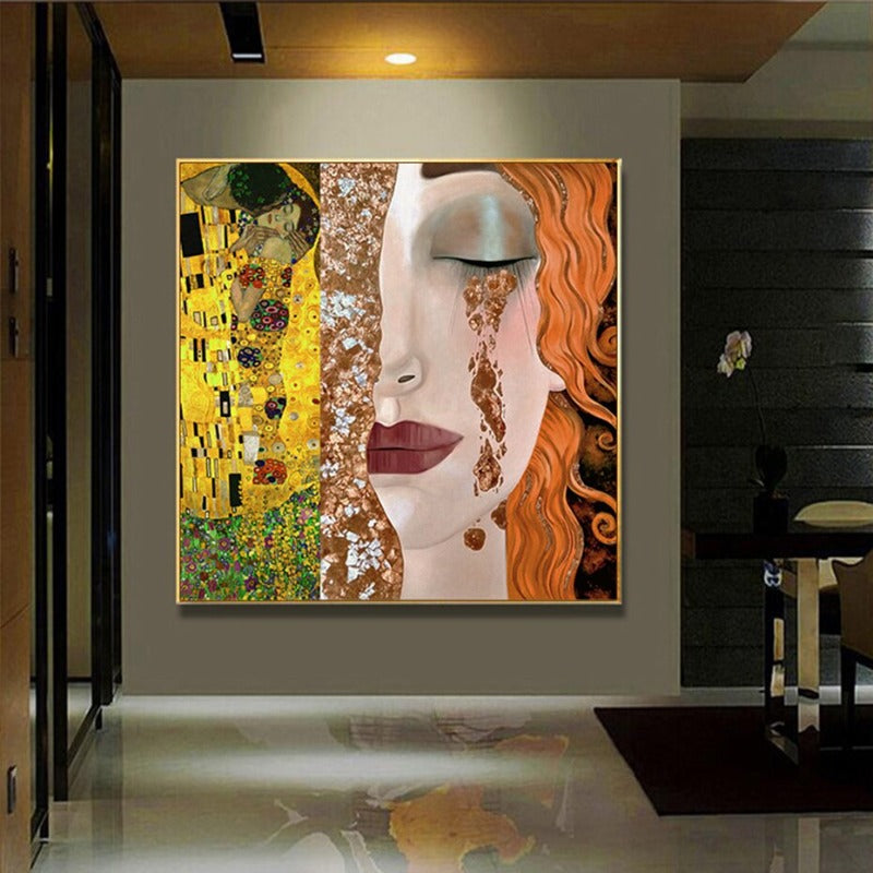 Gustav Klimt Goldene Tränen und Kuss Mädchen - Leinwand Wandkunst Gemälde
