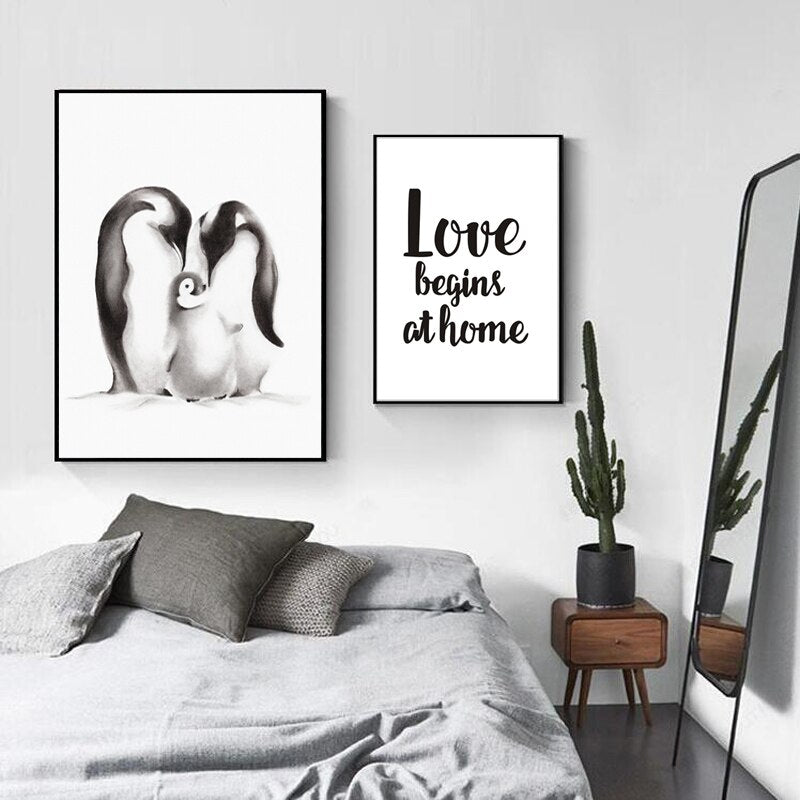 Moderne Pinguin-Familienliebe – Leinwandbild