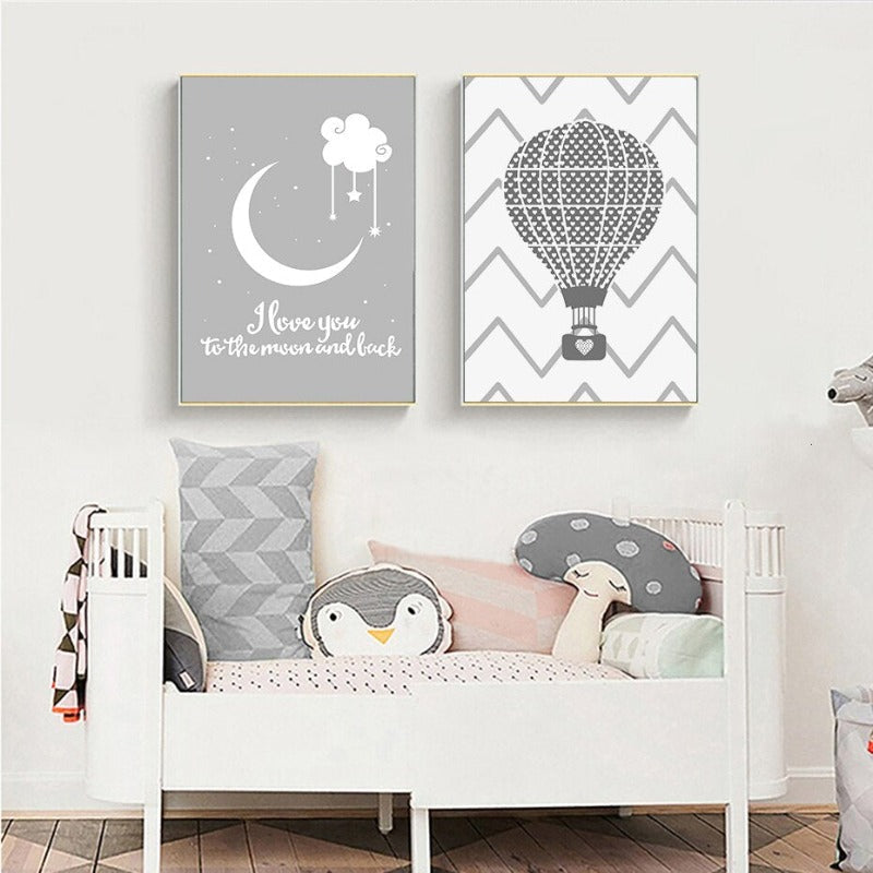 Kinderzimmer-Poster „Ich liebe dich bis zum Mond und zurück“ mit Heißluftballon