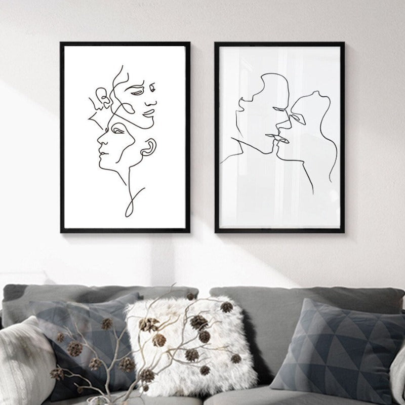 Abstract Love Kiss Schwarz und Weiß Linien Poster - Leinwand Wandkunst Gemälde