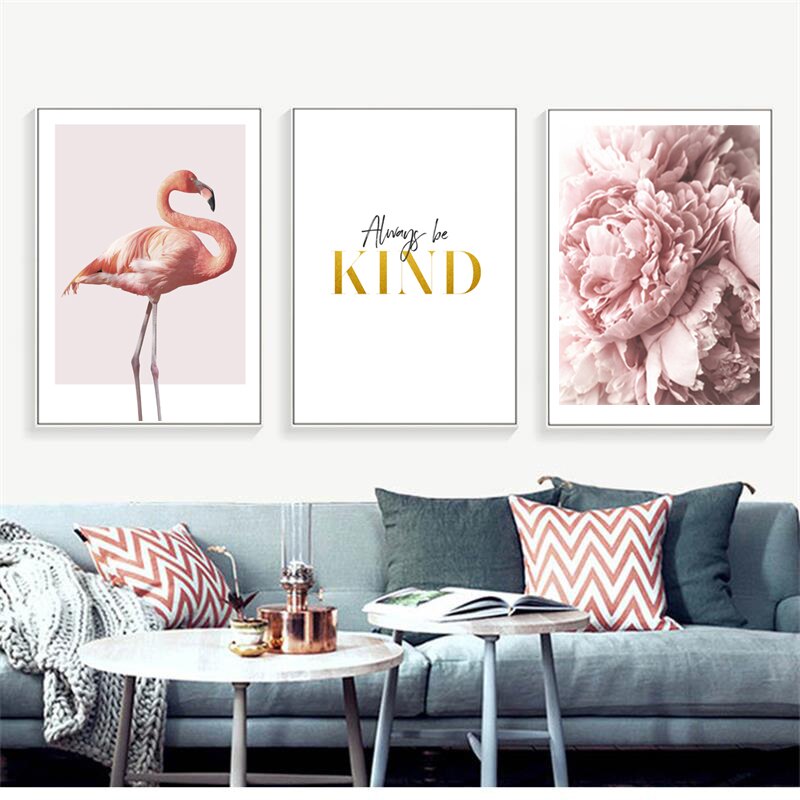 Modernes Leinwandbild mit rosa Flamingos und Pfingstrosen