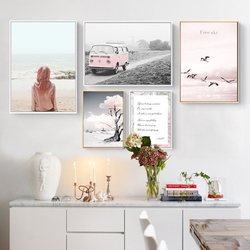 Pink Seascape Bus Heilendes Mädchen - Leinwand Wandkunst Gemälde
