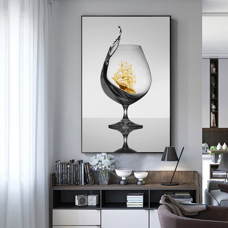 Schwarzes Weinglas mit Boot Wandkunst - Leinwand Wandkunst Malerei