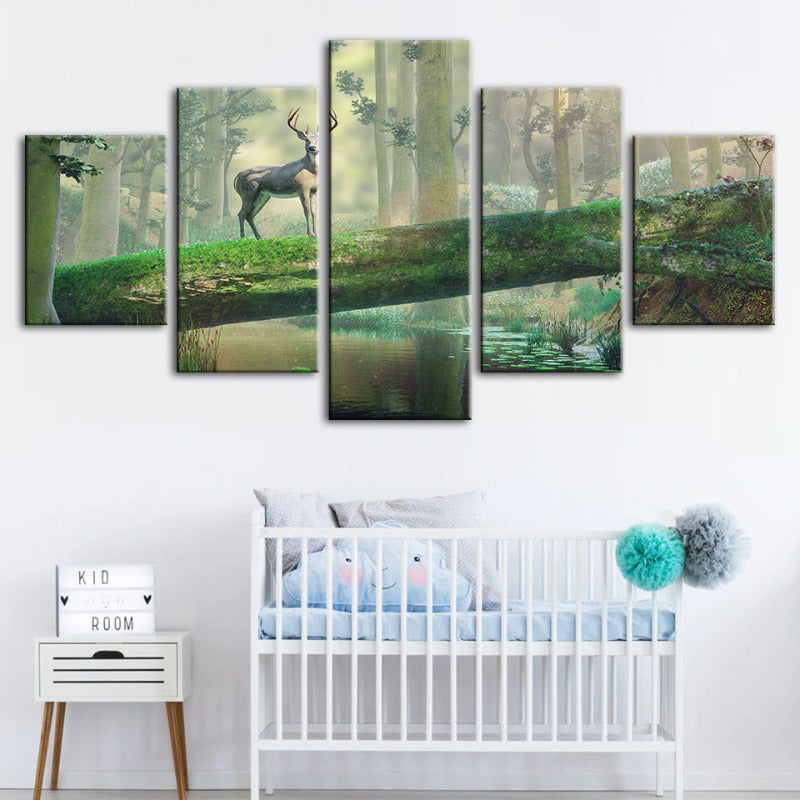 5-teilige verzauberte Wald Hirsch - Leinwand Wandkunst Malerei