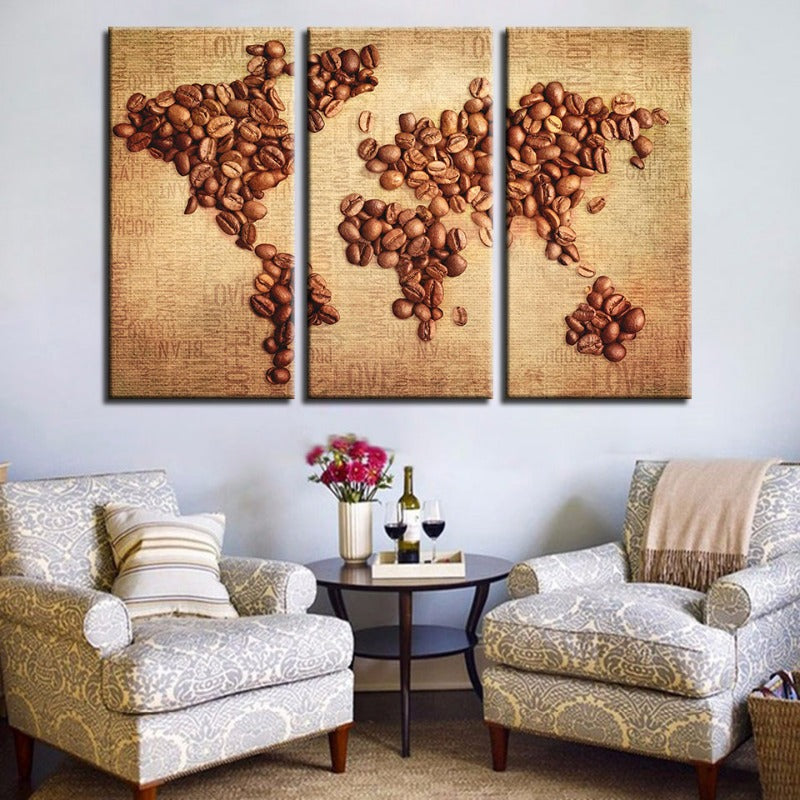 Schöne abstrakte Kaffeebohnen-Weltkarte - Leinwand Wandkunst Malerei 3 Teile