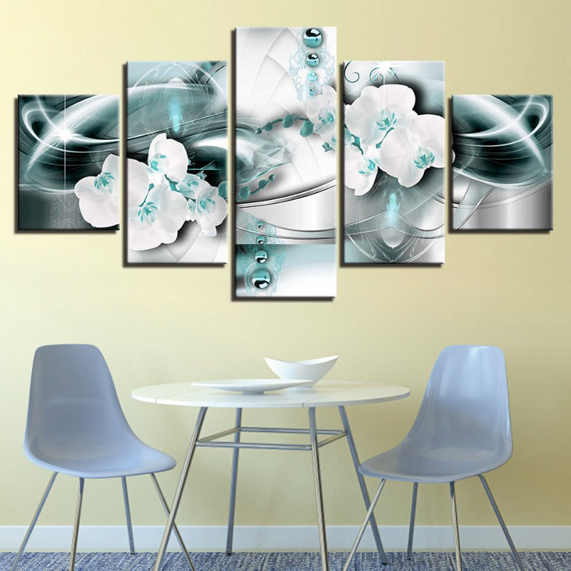 5-teilige meerblaue Hintergrund & Farbweiße Blume - Leinwand Wandkunst Gemälde