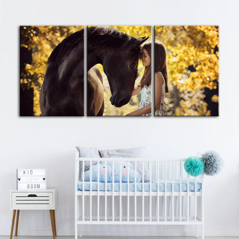 Freundschaft zwischen einem Mädchen und einem Pferd - Leinwand Wandkunst Malerei 3 Teile