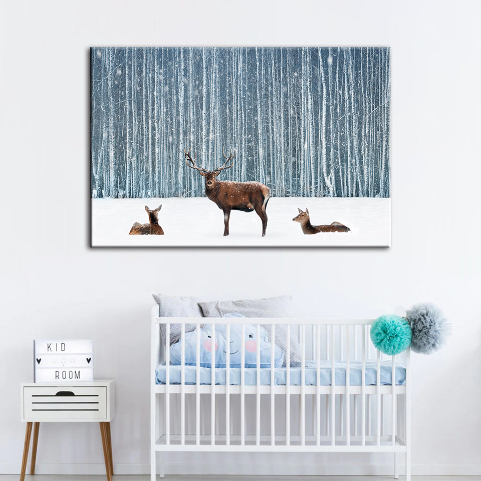 Zwei Rehe und ein Hirsch im Winter - Leinwandbild