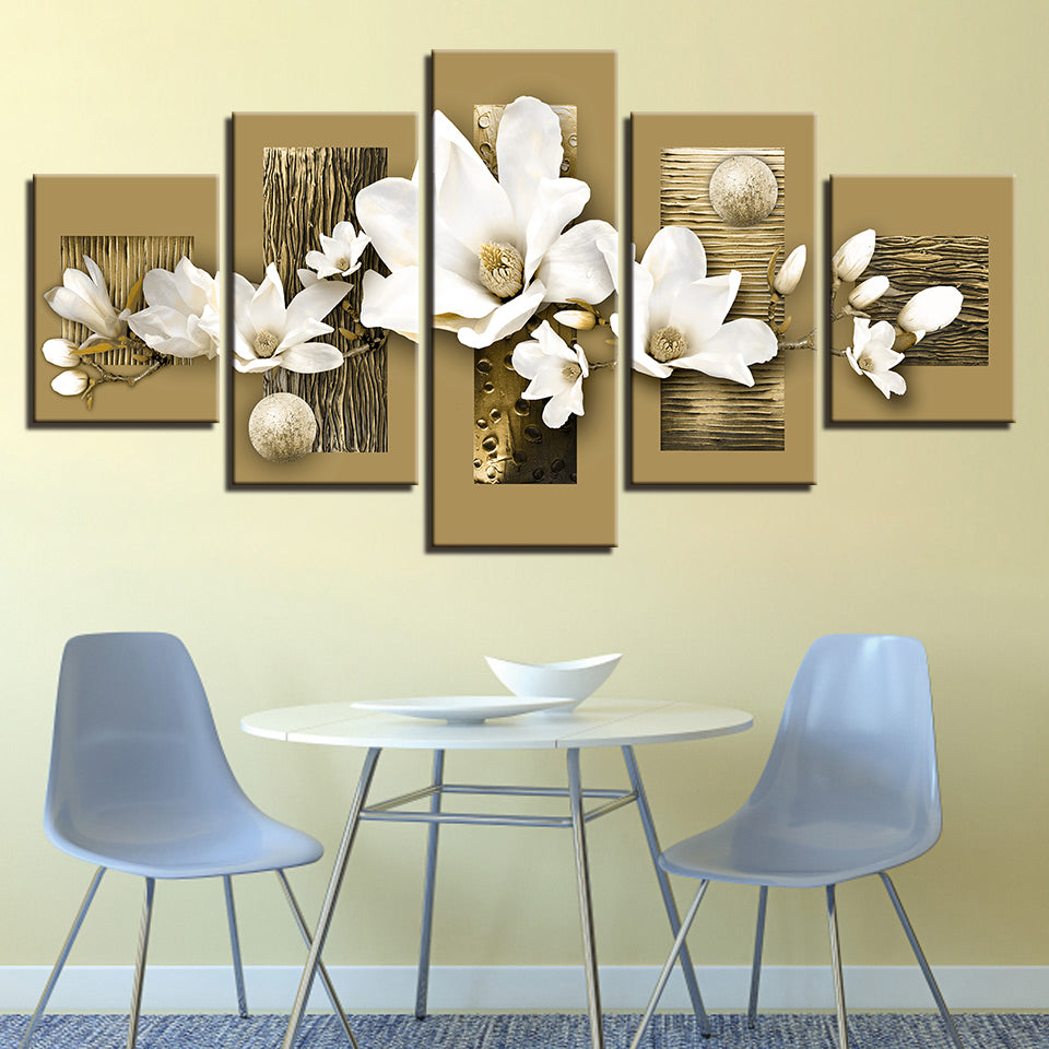 Goldene Akzente und weiße Magnolien 5-teilig - Leinwand Wandkunst Malerei