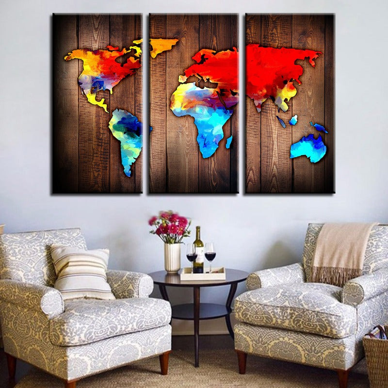 Schöne Vulkanische Weltkarte - Canvas Wandkunst Gemälde 3 Stück