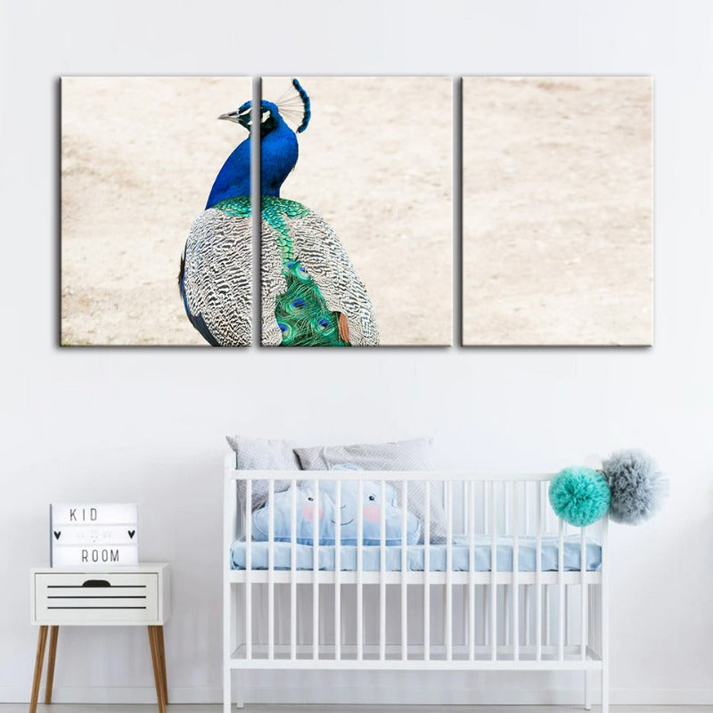 Elegantes Pfauenmotiv mit Rock – 3-teiliges Leinwandbild
