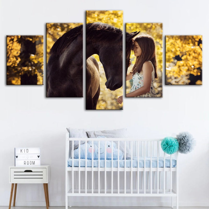 5-teilige Freundschaft zwischen Mädchen & Pferd - Leinwand Wandkunst Malerei