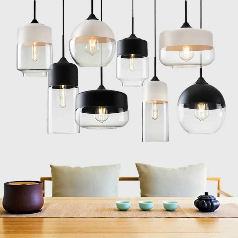 Handgeblasene Pendelleuchte aus Glas und Holz, verstellbar