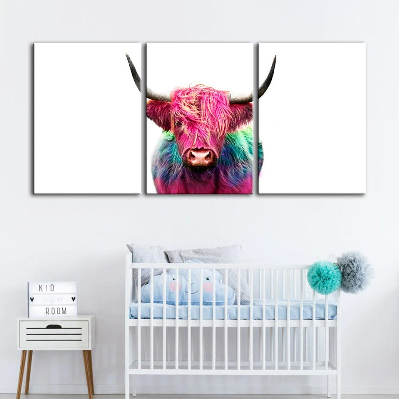 Farbenfrohe pinke Kuh-Leinwand Wandkunst Gemälde 3 Teile