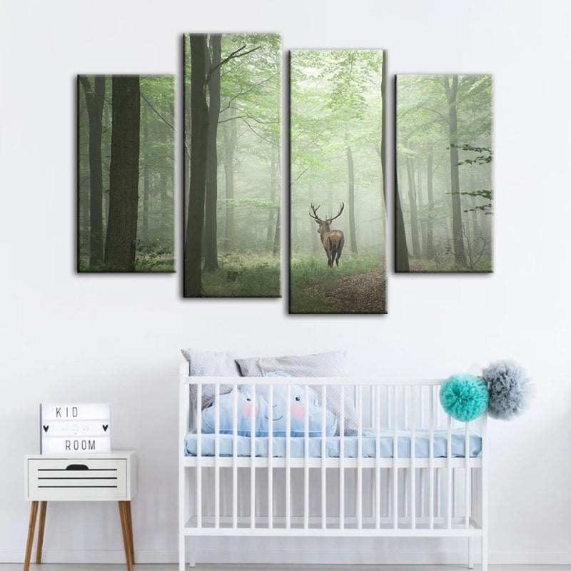4 Stück Neblige Mystische Rehe im Wald - Leinwand Wandkunst Gemälde