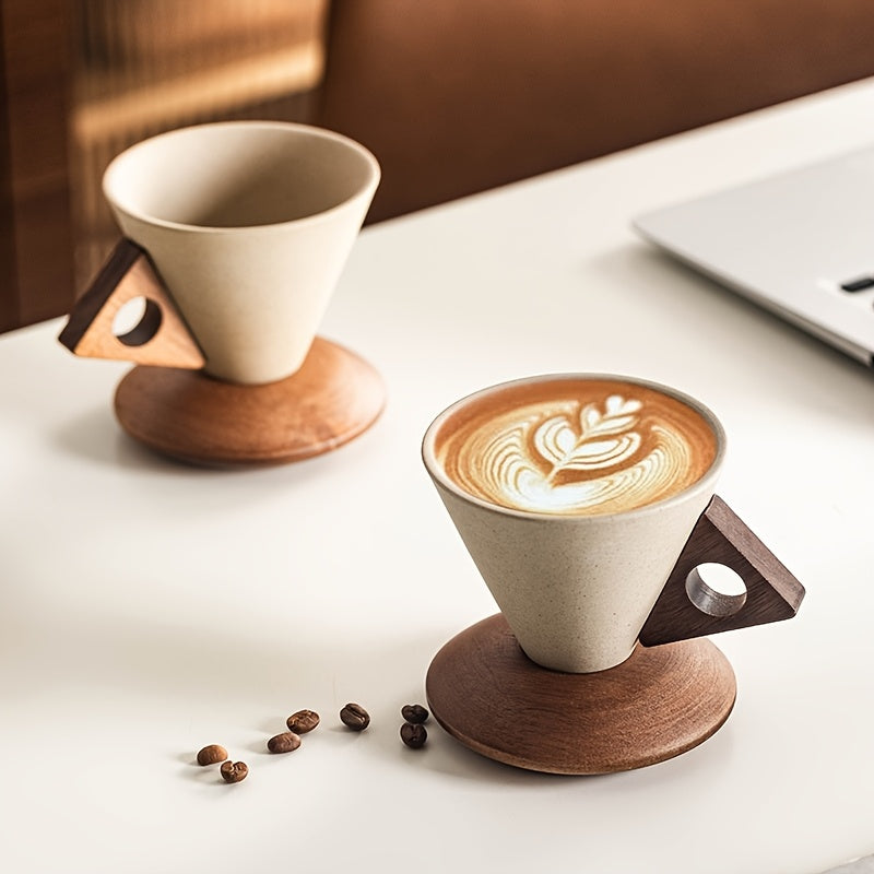 BaristaLuxe Keramische Kaffeetasse 250ml – Handgemacht mit Holzgriff und Untersetzer | Brehn